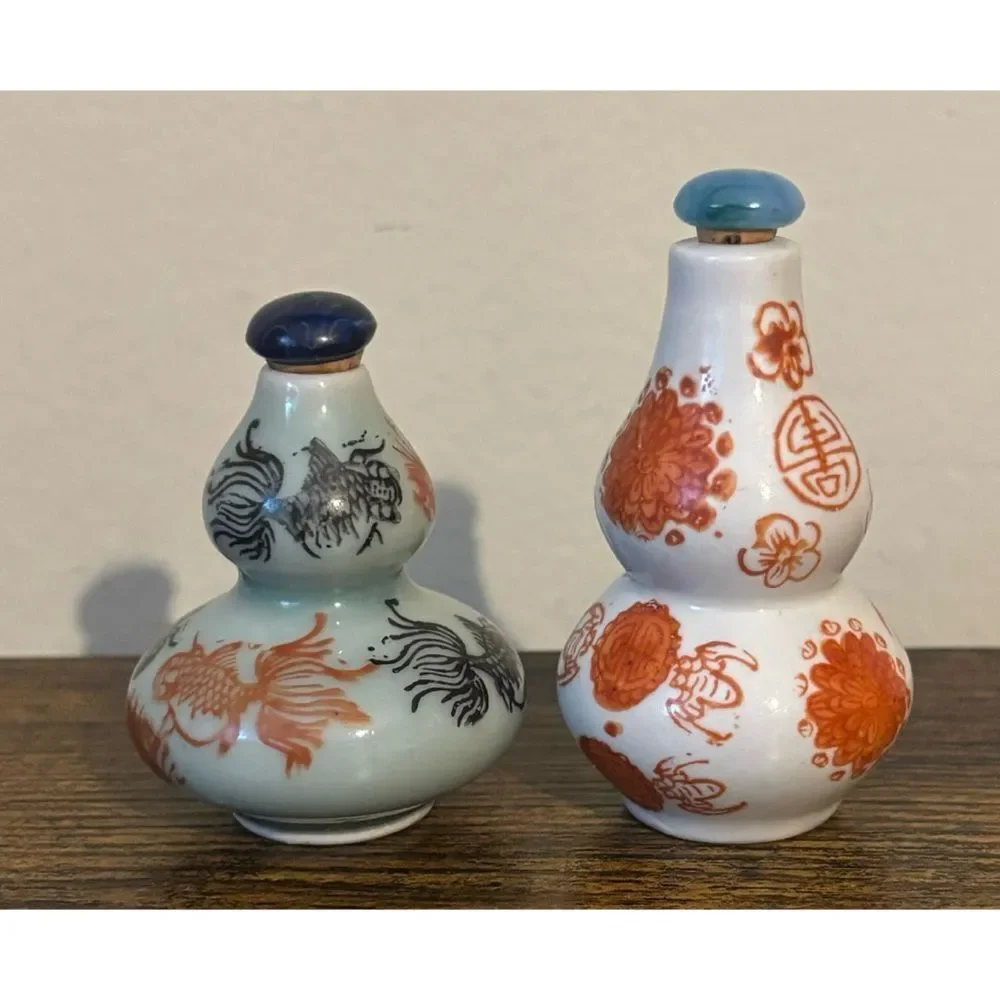Antique Chinese Celadon Double Gourd Porcelain Snuff Bottles ~ Set of 2